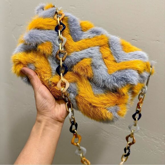 Real Mink Fur Colorblock Herringbone Pattern Handmade Slouchy Bag/Crossbody - Picture 12 of 16